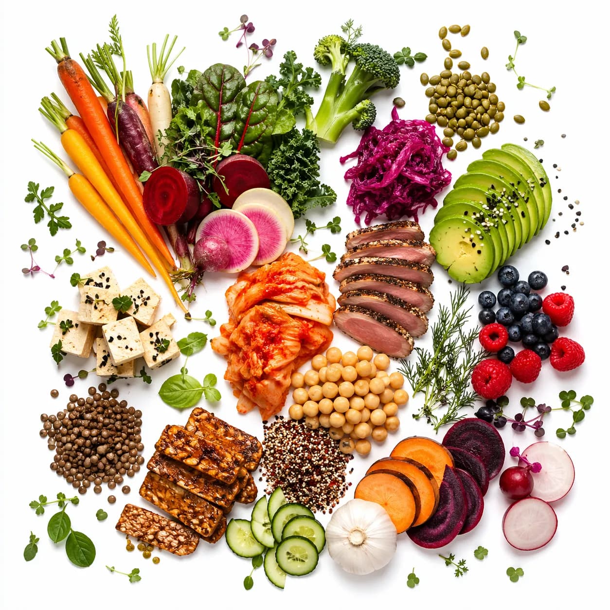 Illustrative food photography — diverse whole foods