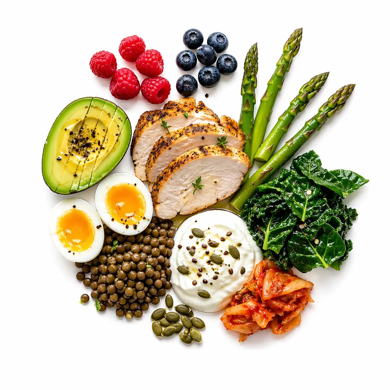 Illustrative food photography — diverse whole foods