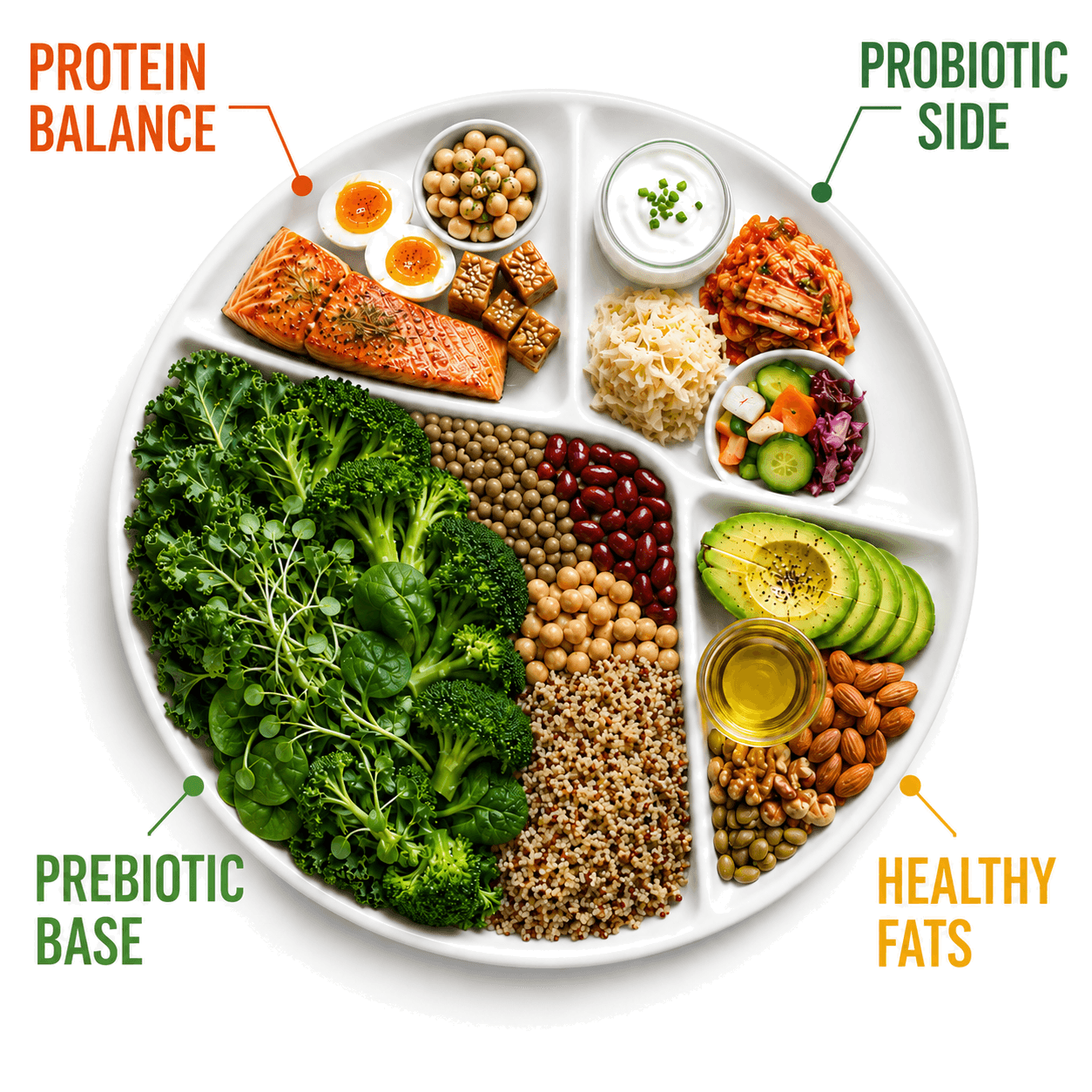 The EatoBiotics Plate showing prebiotic base, probiotic side, protein balance, and healthy fats